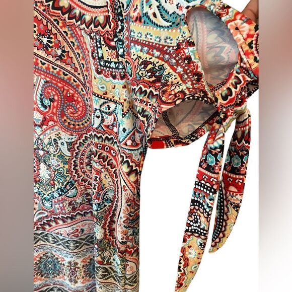 Tacera Sz M Red Tan Paisley Relaxed Fit Statement Sleeves Everyday Tunic - Picture 3 of 6